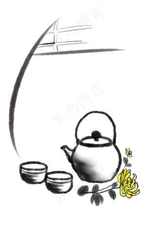 水墨画菊花茶具插图