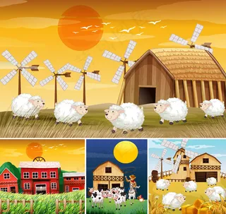 动物农场卡通风格的不同农场场景集