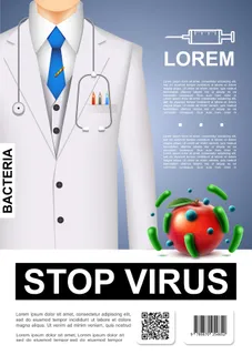 逼真的停止病毒海报，上面有医生和满是细菌和细菌的脏苹果插图