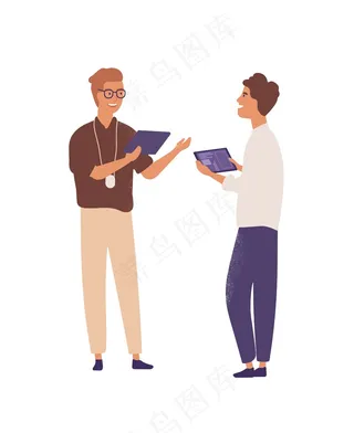 商人与平板电脑平面矢量图。同事有谈话卡通人物。同事谈话孤立在白色背景上。公司会议上的同事。
