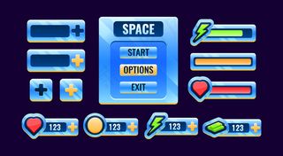 一组用于游戏ui资源元素的gui空格栏、面板菜单、面板图标