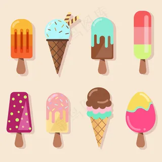 冰淇淋系列。一套不同的蛋筒和冰棒，还有华夫饼和花洒。冰淇淋图标。菜单概念。可爱的平面插图