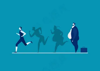 蓝色背景图案上的男性脂肪变为健康瘦身剪影