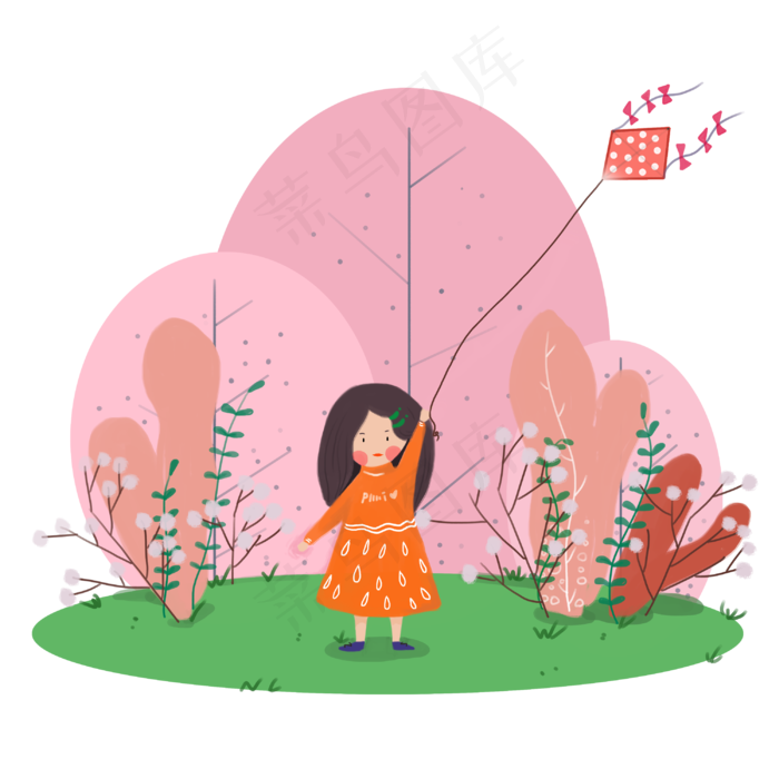 春天春日红花风筝可爱少女PNG