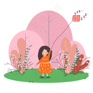 春天春日红花风筝可爱少女PNG