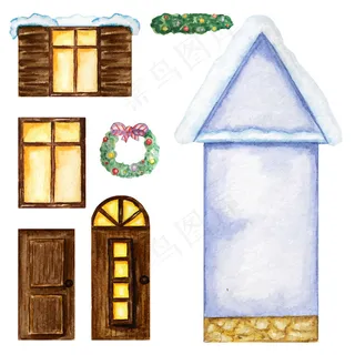 可爱的卡通布依屋，深色木窗，门，白色背景上的圣诞装饰。