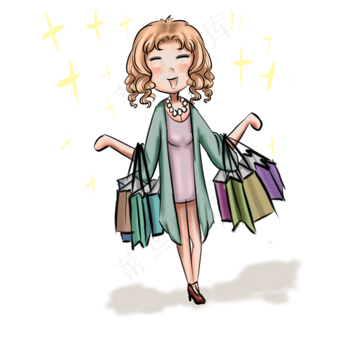动漫厚涂手绘双十一购物的富太太