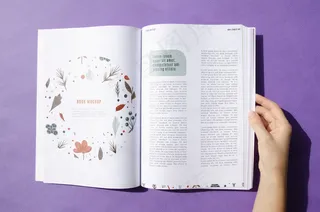 手拿着紫色背景的杂志