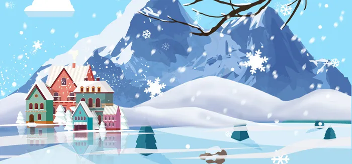 冬季雪中房子蓝色卡通可爱(1920*900px 	       )psd模版下载