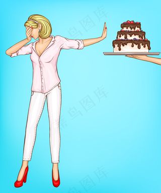 女人用停止的手势拒绝吃蛋糕