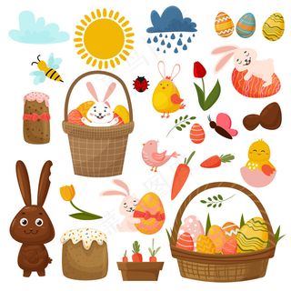 复活节的春天有可爱的蛋，鸟，植物，兔子。复活节蛋糕和蝴蝶。手绘卡通。