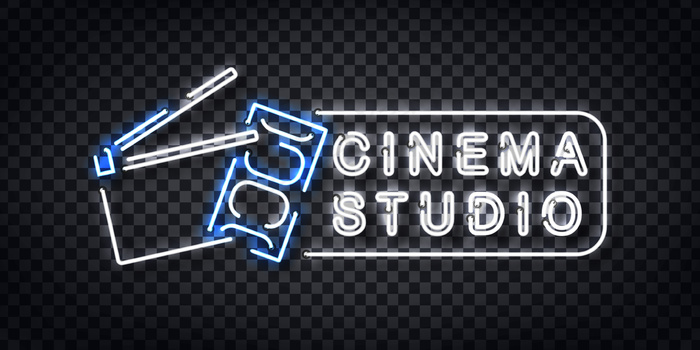 逼真的霓虹灯标志电影院工作室标志模板装饰和邀请覆盖在透明背景上。