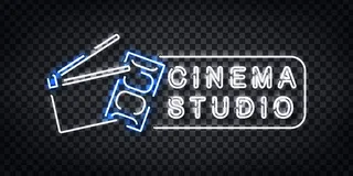 逼真的霓虹灯标志电影院工作室标志模板装饰和邀请覆盖在透明背景上。