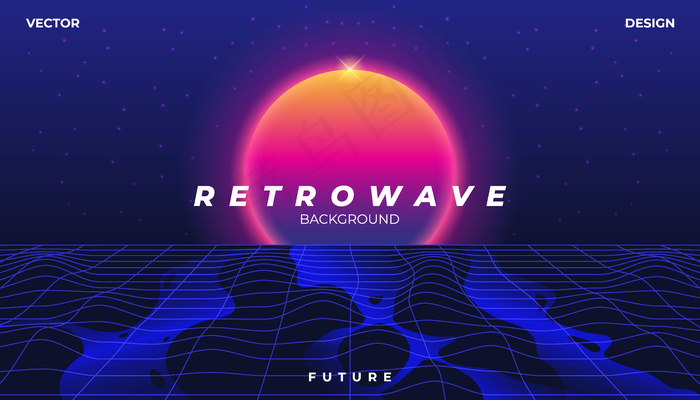 Retrowave赛博霓虹背景景观80年代风格。eps,ai矢量模版下载
