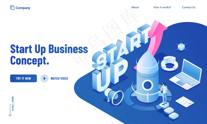 商业人士启动他们的项目从笔记本电脑系统为创业企业概念网站设计的等距插图。