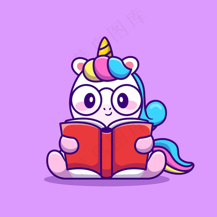 可爱的独角兽读物卡通矢量插图。动物教育概念隔离载体。平面卡通风格eps,ai矢量模版下载