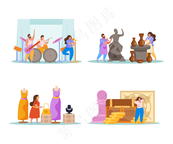爱好平面人物4x1涂鸦人物作品集音乐造型设计服装插画eps,ai矢量模版下载
