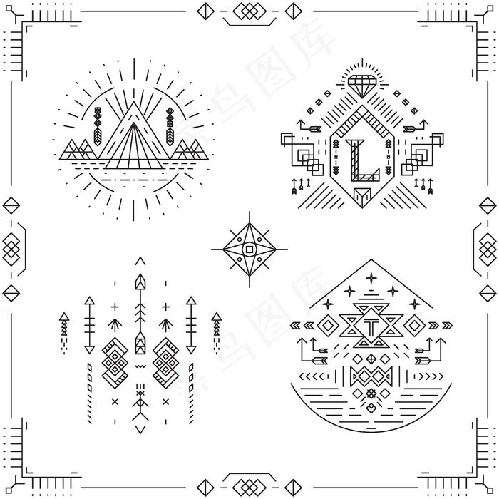 部落线复古时髦框架。边框装饰，艺术风格元素。eps,ai矢量模版下载