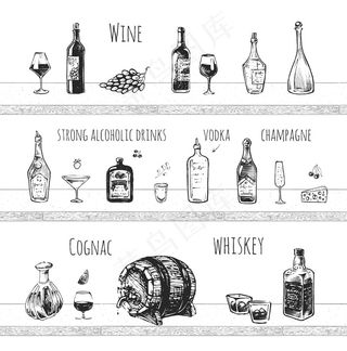 酒吧菜单设计。烈性酒精饮料，酒瓶和酒杯，伏特加酒，香槟，白兰地和威士忌与冰载体图标。