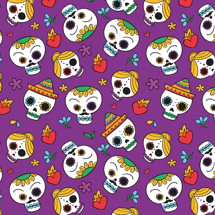 手绘dia de muertos图案eps,ai矢量模版下载