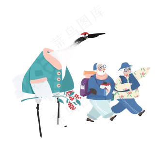 可爱老爷爷老奶奶和仙鹤可商用元