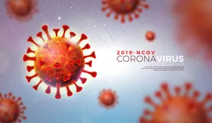 科维德-19。冠状病毒爆发设计与病毒细胞在微光背景下。2019年ncov危险非典流行主题的宣传横幅banner插图模板。