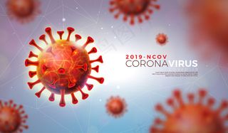 科维德-19。冠状病毒爆发设计与病毒细胞在微光背景下。2019年ncov危险非典流行主题的宣传横幅banner插图模板。