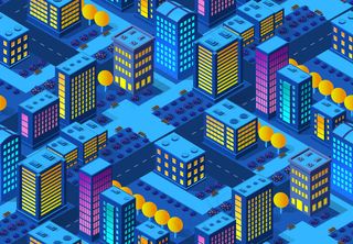 夜间智慧城市无缝背景图案3d未来霓虹紫外线集城市基础设施等距建筑。