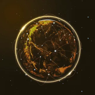 渐变背景上的金色全球网络技术图标 渐变背景上的金色全球网络技术图标