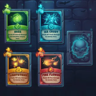 设置自然、冰、火、光的咒语卡。用于游戏、用户界面、设计