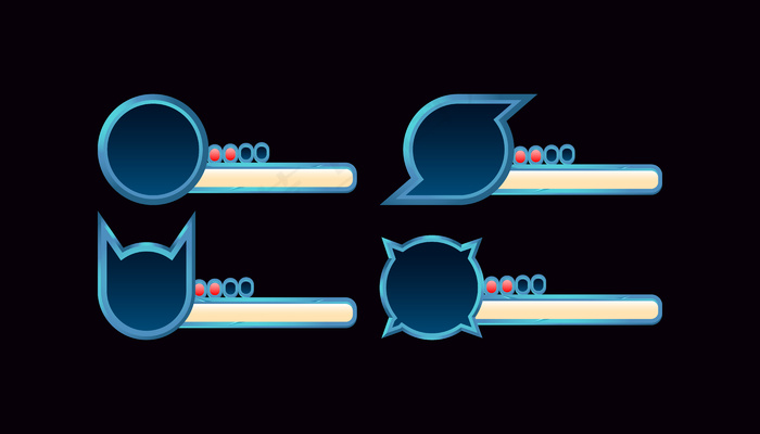 一组幻想图形用户界面指示器进度条，带有游戏用户界面资产元素的各种边框