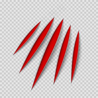 红色的爪子动物抓抓的痕迹。猫或老虎抓爪子的形状。四颗钉子的痕迹。透明背景插图