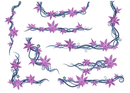 藤本植物设置抽象紫色野生藤本植物分支平面矢量图在白色背景下隔离。