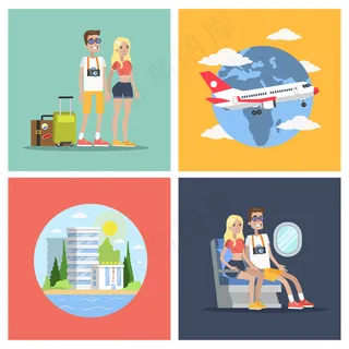 旅游飞行套装。一对夫妇乘飞机旅行。