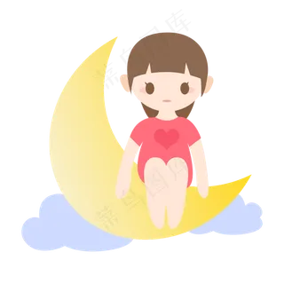 七夕节卡通女孩坐在月亮上