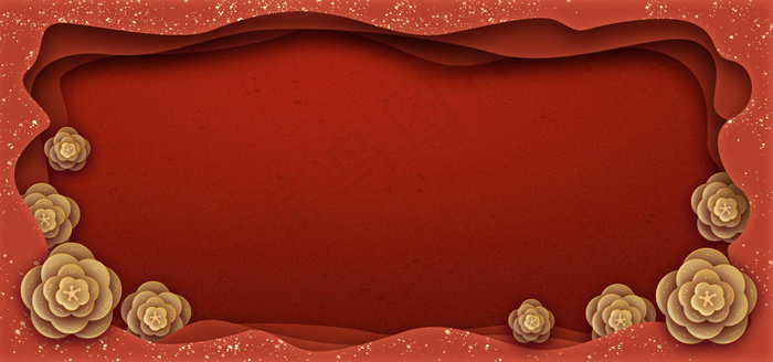 红色手工剪纸金花中国风新年背景图