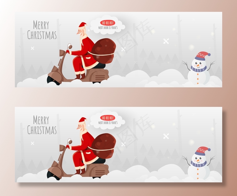 快乐的圣诞老人骑着踏板车，背着沉重的袋子，在白色的风景背景上画着卡通雪人，祝大家圣诞快乐。