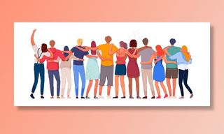 快乐的人。多元多民族人物群体相拥站在一起背影。民族凝聚力、团结统一。国际友好交流载体