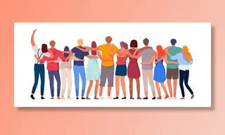 快乐的人。多元多民族人物群体相拥站在一起背影。民族凝聚力、团结统一。国际友好交流载体