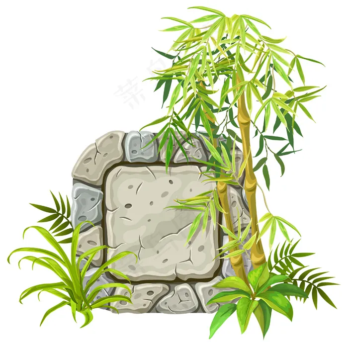 石板上有竹枝、竹叶。eps,ai矢量模版下载