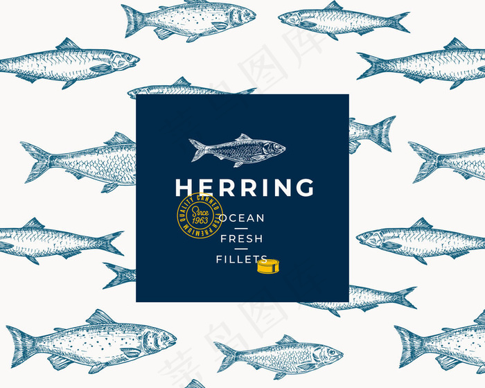 手绘鱼背景图案。抽象包装素描卡或封面模板与时尚的排版和标志。鲱鱼、凤尾鱼和鲑鱼素描。
