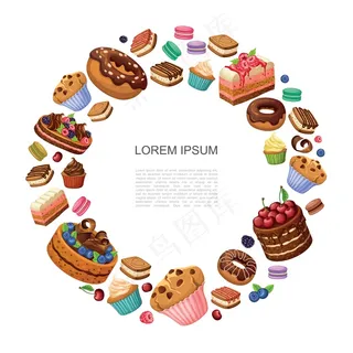 卡通甜点圆形甜甜圈馅饼块杏仁饼纸杯蛋糕松饼蛋糕覆盆子黑莓蓝莓