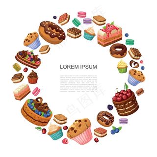 卡通甜点圆形甜甜圈馅饼块杏仁饼纸杯蛋糕松饼蛋糕覆盆子黑莓蓝莓