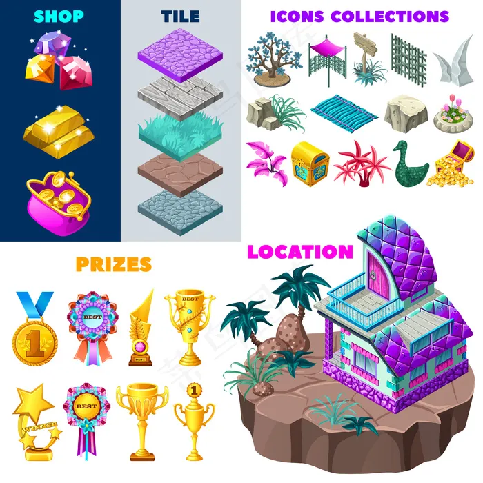 等距小屋和元素设计。eps,ai矢量模版下载