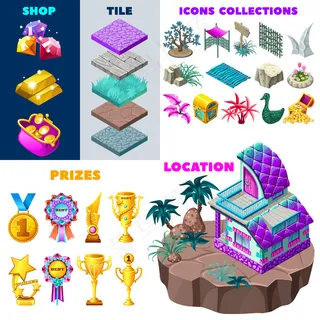 等距小屋和元素设计。