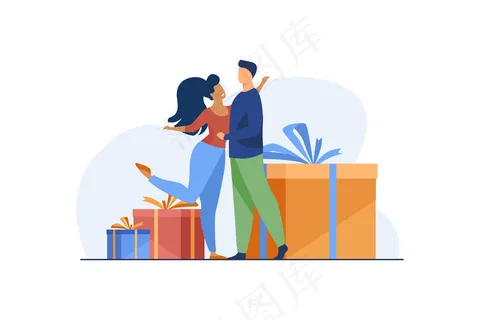 一对幸福的情侣拥抱并站在礼物旁边。 一对幸福的情侣拥抱并站在礼物旁边。