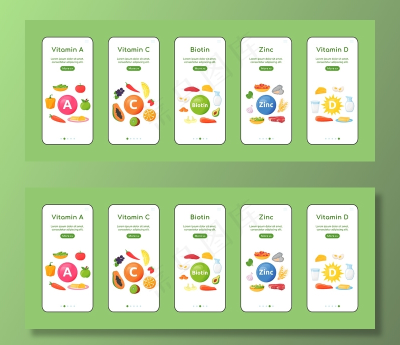 维生素和矿物质车载手机app移动应用程序app屏幕平面模板。健康的自然饮食。带对象的演练网站步骤。ux、ui、gui智能手机卡通界面、案例打印集