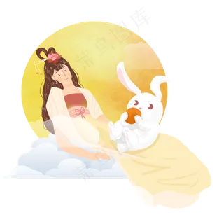 嫦娥中秋圆月兔子女孩png素材