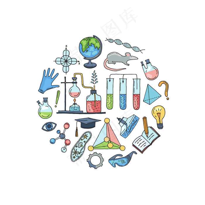 以圆形插图的形式绘制科学或化学元素。化学素描科学物理和生物学eps,ai矢量模版下载
