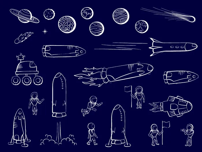 宇宙飞船、火箭、火星车的矢量插图集。涂鸦卡通矢量图标。eps,ai矢量模版下载